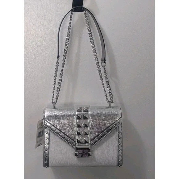 Michael Kors Studded Whitney Bag - Silver, White, Leather, Chain Strap, NWT - Picture 11 of 14